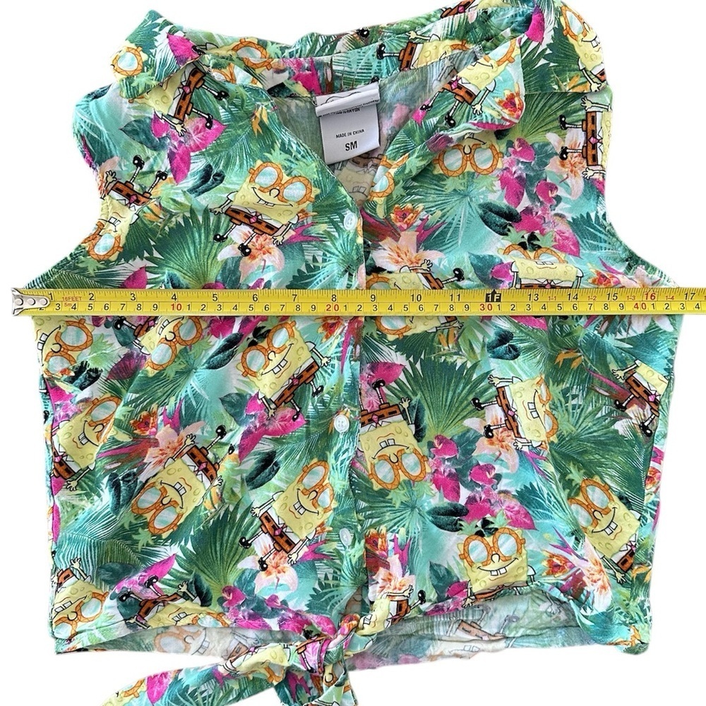 SpongeBob SquarePants Tropical All Over Print Crop Tank Top Tie Front - Picture 3 of 6